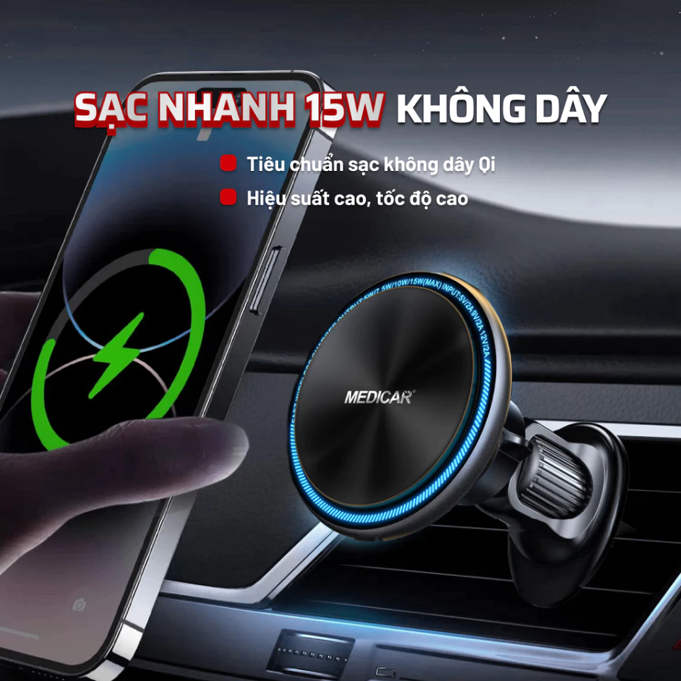 Giá Đỡ Kiêm Sạc Nhanh Không Dây Ô Tô Medicar V3 - Công Nghệ Tự Căn Chỉnh, Sạc 15W Siêu Tốc Cho Điện Thoại Thông Minh