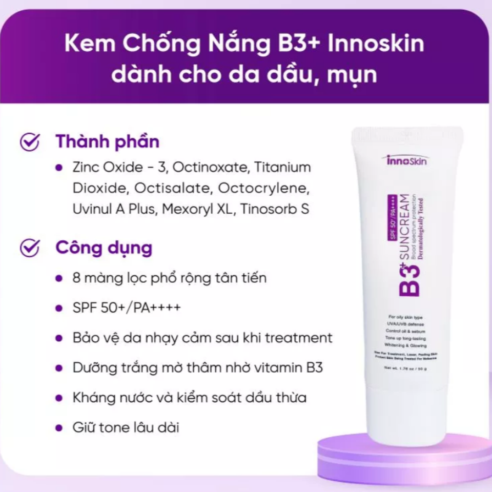 Kem Chống Nắng Innoskin B3 Suncream SPF50+ Màu Tím - Dành Cho Da Dầu Mụn, Kiểm Soát Dầu, Nâng Tông, Bảo Vệ Da Hàng Ngày