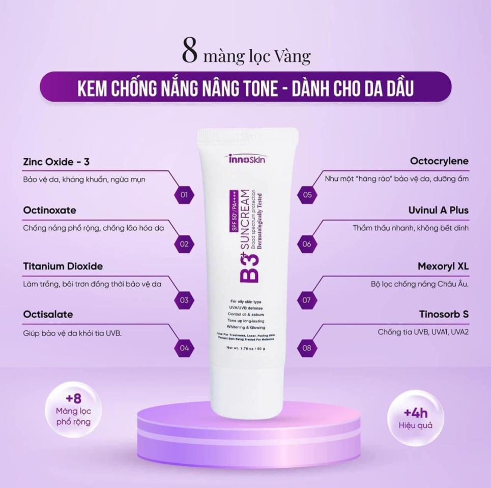 Kem Chống Nắng Innoskin B3 Suncream SPF50+ Màu Tím - Dành Cho Da Dầu Mụn, Kiểm Soát Dầu, Nâng Tông, Bảo Vệ Da Hàng Ngày