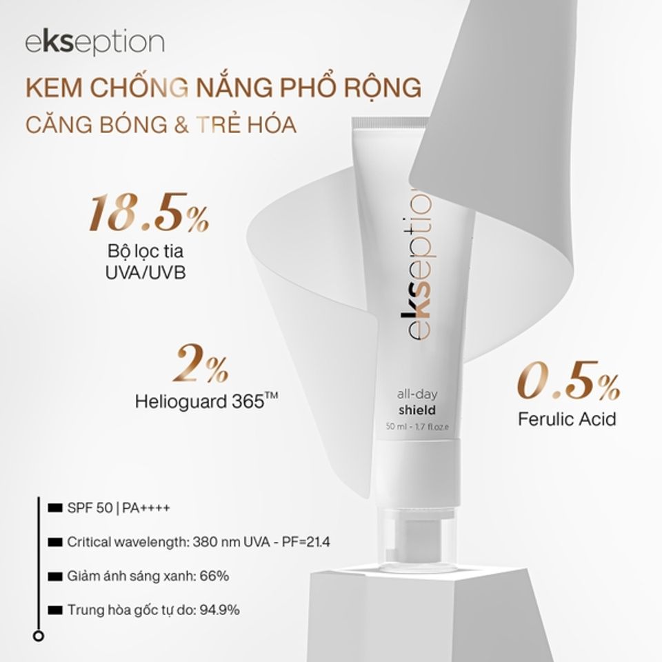 Kem Chống Nắng Ekseption All Day Shield SPF 50 - Bảo Vệ Da Mịn Màng 12 Giờ, Chiết Xuất Tảo Đỏ, Dưỡng Ẩm, Phổ Rộng 50ml