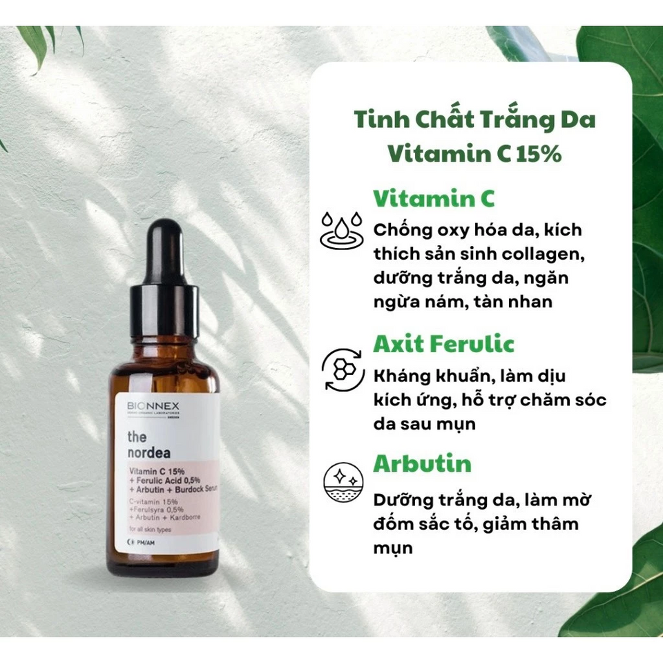 Serum Bionnex The Nordea Vitamin C 15% + Ferulic Acid 0,5% - Chăm Sóc Da Sáng Mịn, Mờ Nám, Cải Thiện Đàn Hồi Da 30ml