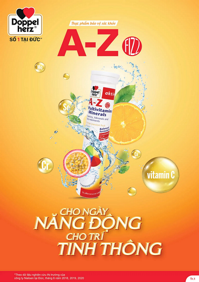 Viên Sủi Vitamin Khoáng Chất A-Z Fizz Doppelherz Đức - Hỗ Trợ Năng Lượng và Tăng Cường Đề Kháng, 13 Viên Sủi Nhập Khẩu