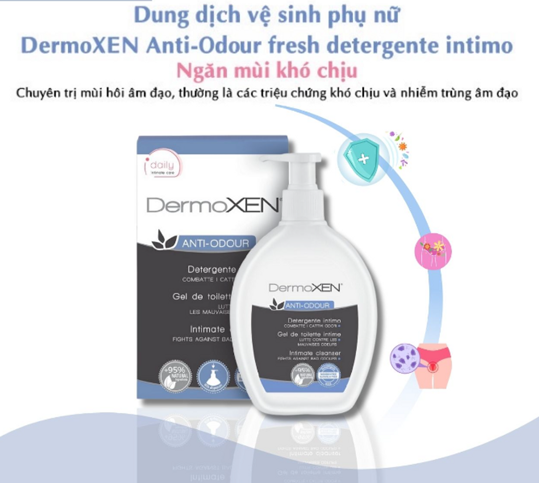 Dung dịch vệ sinh phụ nữ DermoXen Anti-Odour Ý 200ml - Giúp làm sạch, giảm mùi hôi, bảo vệ và dưỡng ẩm vùng kín tự nhiên