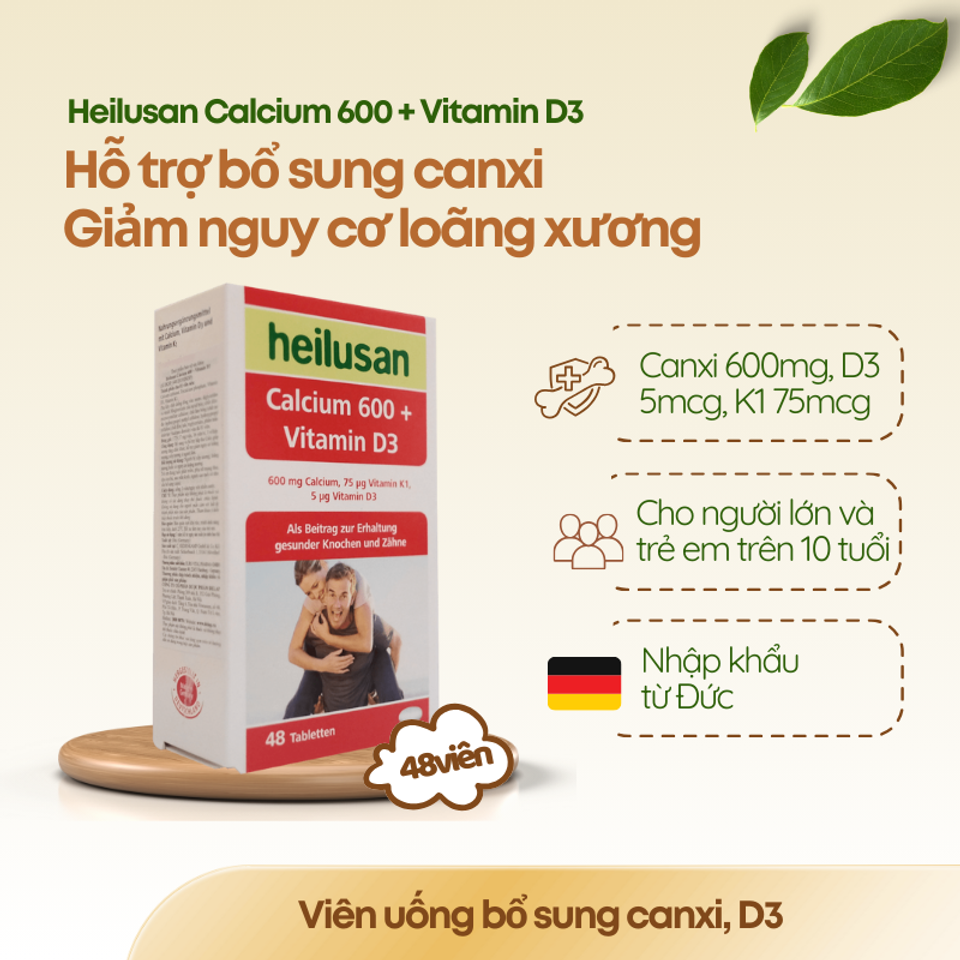 Viên uống Calcium 600 + Vitamin D3 Heilusan Đức - Tăng cường hấp thu canxi, hỗ trợ xương răng chắc khỏe, 48 viên bổ sung cho người lớn
