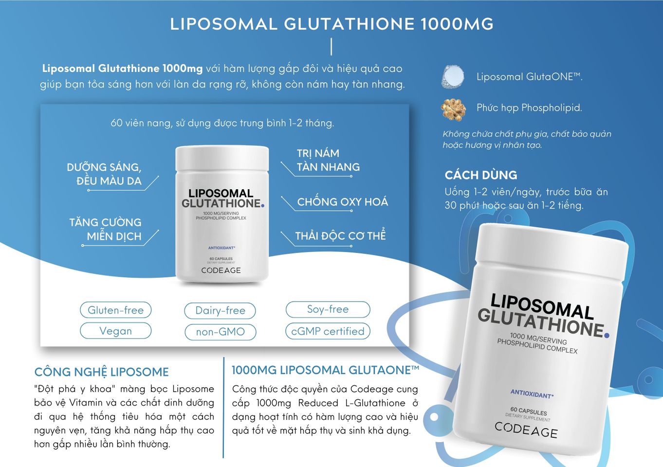 Viên uống trắng da Codeage 1000mg Liposomal Glutathione - Hỗ trợ làm sáng da, hộp 60 viên, không GMO, sản xuất tại Mỹ