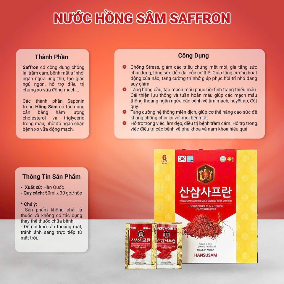 Nước hồng sâm nhụy hoa nghệ tây Hansusam Saffron 30 gói x 50ml