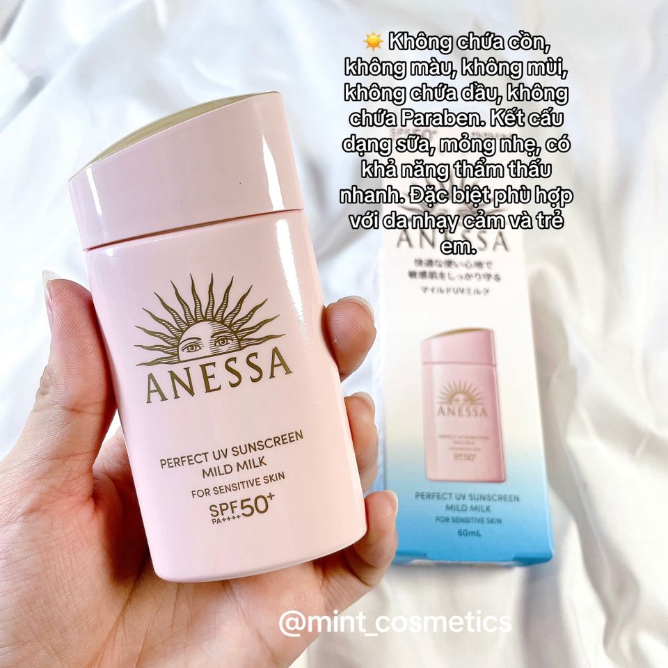 Kem Chống Nắng Anessa Perfect UV Sunscreen Mild Milk SPF50+ PA++++ - Dành Cho Da Nhạy Cảm, Chất Lỏng Thấm Nhanh, Dưỡng Ẩm Tự Nhiên