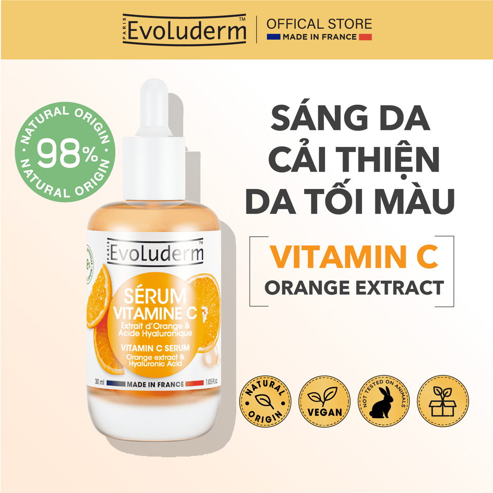 Serum Vitamin C Evoluderm 30ml - Tinh Chất Dưỡng Da Sáng Mịn, Chống Oxy Hóa, Dành Cho Mọi Loại Da, Thiên Nhiên, Thuần Chay