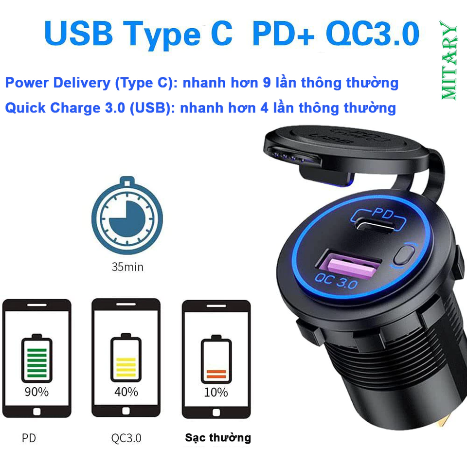 Tẩu Sạc Nhanh Ô Tô/Máy Móc MITARY MTR006 - 67W, 2 Cổng USB & Type-C, Công Tắc Bật/Tắt, Sạc Nhanh Cho iPhone, Samsung, LG
