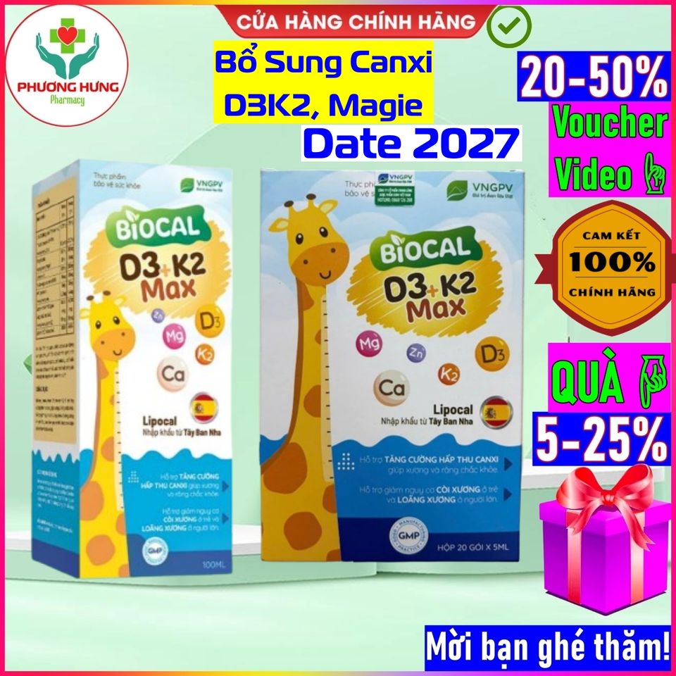 Canxi sinh học BIOCAL D3K2 MAX - Bổ sung Canxi, Vitamin D3, K2 và Magie cho xương chắc khỏe - Dạng chai và gói tiện lợi