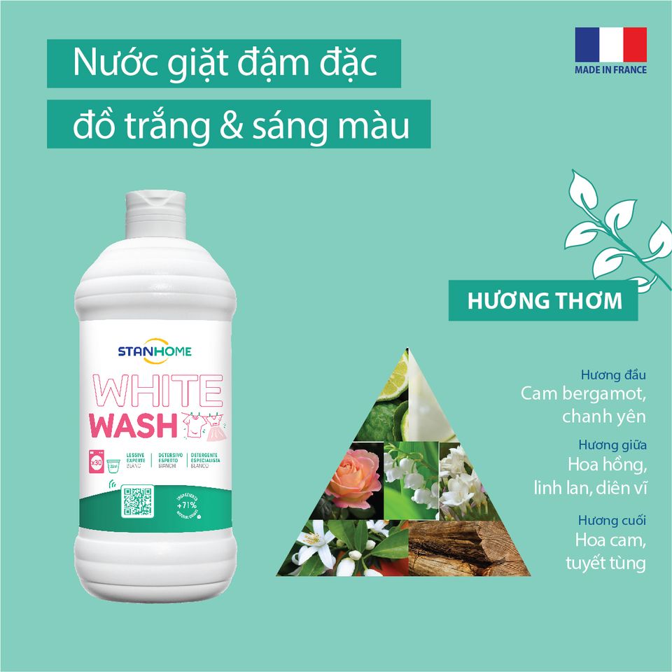 Nước Giặt Đậm Đặc Stanhome White Wash 750ml - Giữ Đồ Trắng Sáng Nguyên Liệu Tự Nhiên, Hiệu Quả Từ Nhiệt Độ 20°C