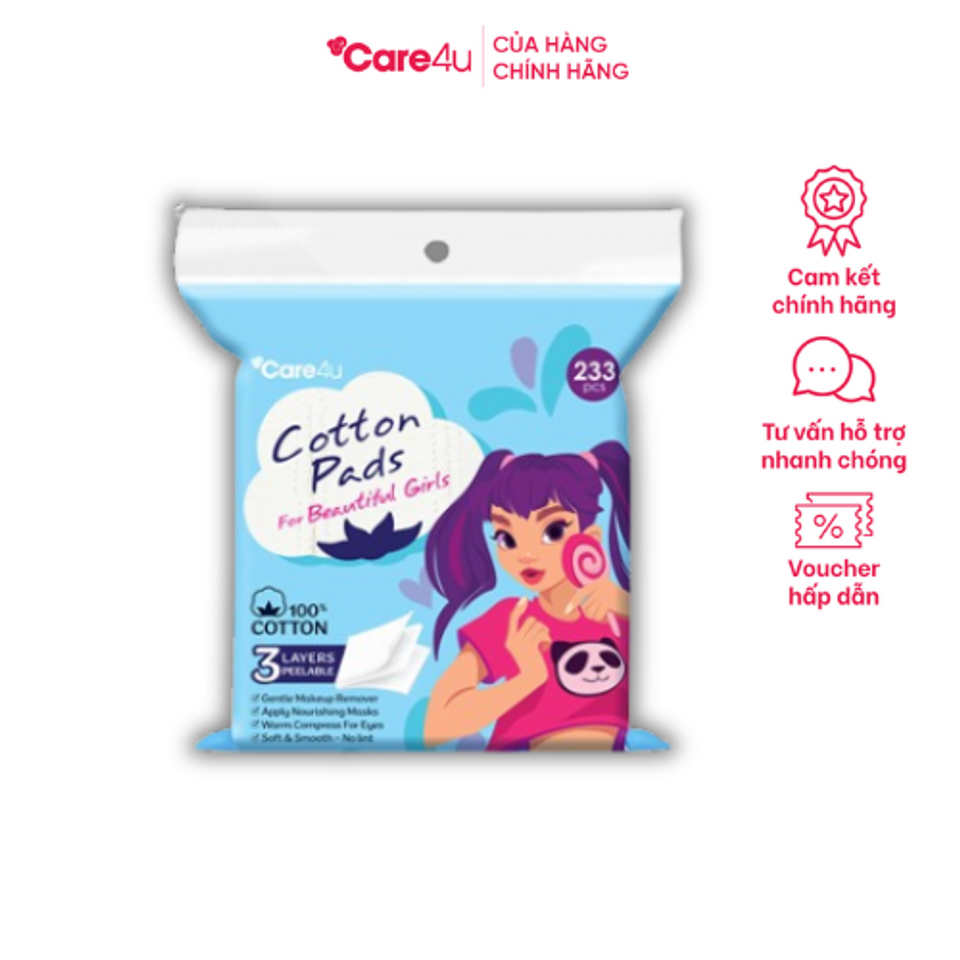 Bông tẩy trang cao cấp Care4U 3 lớp 233 miếng - Bông tẩy trang 100% cotton cho da nhạy cảm, đa năng và không rách
