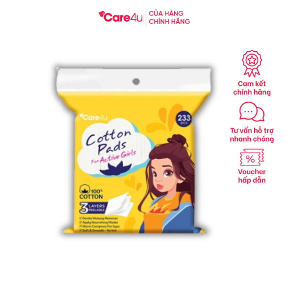 Bông tẩy trang 3 lớp Care4U 233 miếng - Chăm sóc da nhạy cảm, cotton tự nhiên, thiết kế trẻ trung, đa chức năng, dễ sử dụng