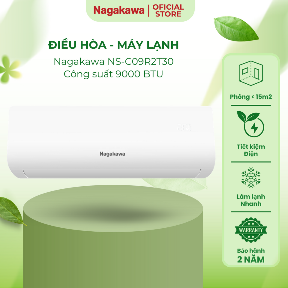 Điều hòa 1 chiều Nagakawa NS-C09R2T30 9000BTU - Tiết kiệm điện Eco, Làm lạnh Turbo, Chế độ ngủ êm ái - Bảo hành 2 năm