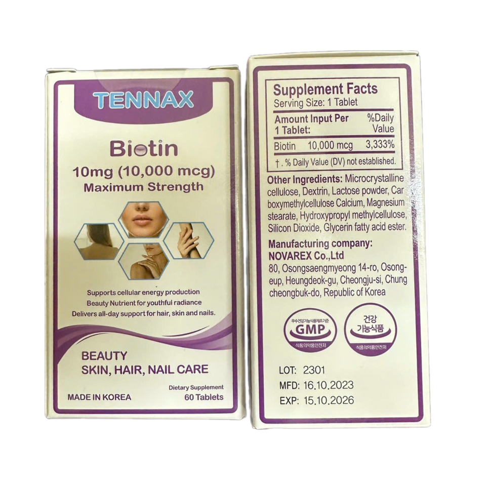 Viên Uống Biotin Tennax 10mg - Hỗ Trợ Đẹp Da, Tóc và Móng, Giải Quyết Rụng Tóc - Hộp 60 Viên Mỹ Quốc tế