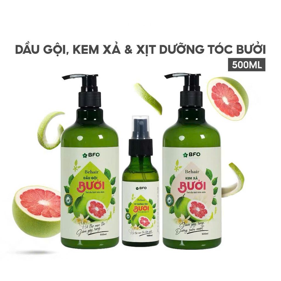 Combo 3 Dầu Gội Dầu Xả Xịt Dưỡng Tóc Tinh Dầu Bưởi BFO Behair - Kích Mọc và Phục Hồi Tóc Khỏe Mạnh