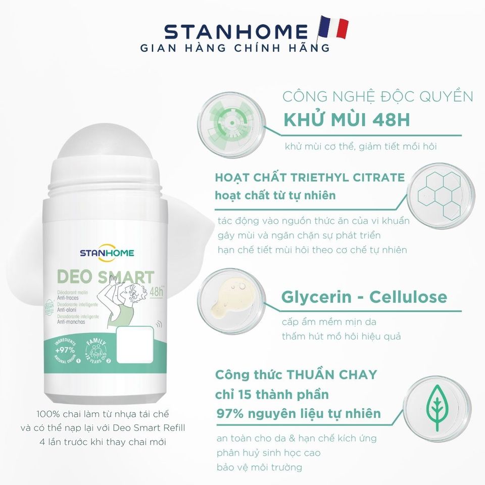 Lăn Khử Mùi Dịu Nhẹ Stanhome Deo Smart 50ml - Khử Mùi Tự Nhiên Cho Trẻ Dậy Thì, Không Cồn, Hương Thơm Duy Trì Suốt 48 Giờ