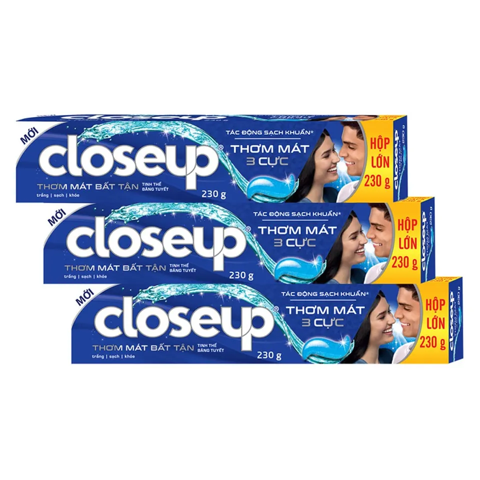 Kem đánh răng Closeup dạng gel cho hơi thở thơm mát, 3x230g, Tinh Thể Băng Tuyết