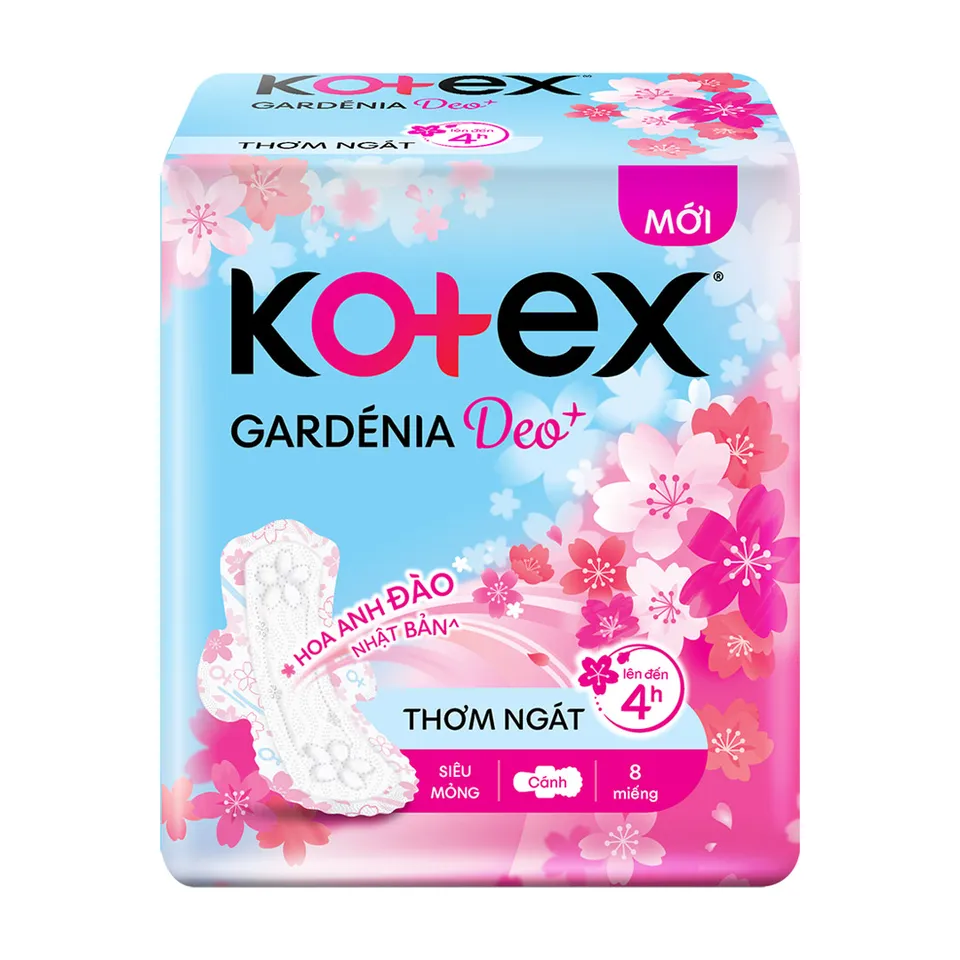 Băng vệ sinh Kotex Gardenia Deo+ hoa anh đào Nhật Bản, 8 miếng, Siêu Mỏng Cánh