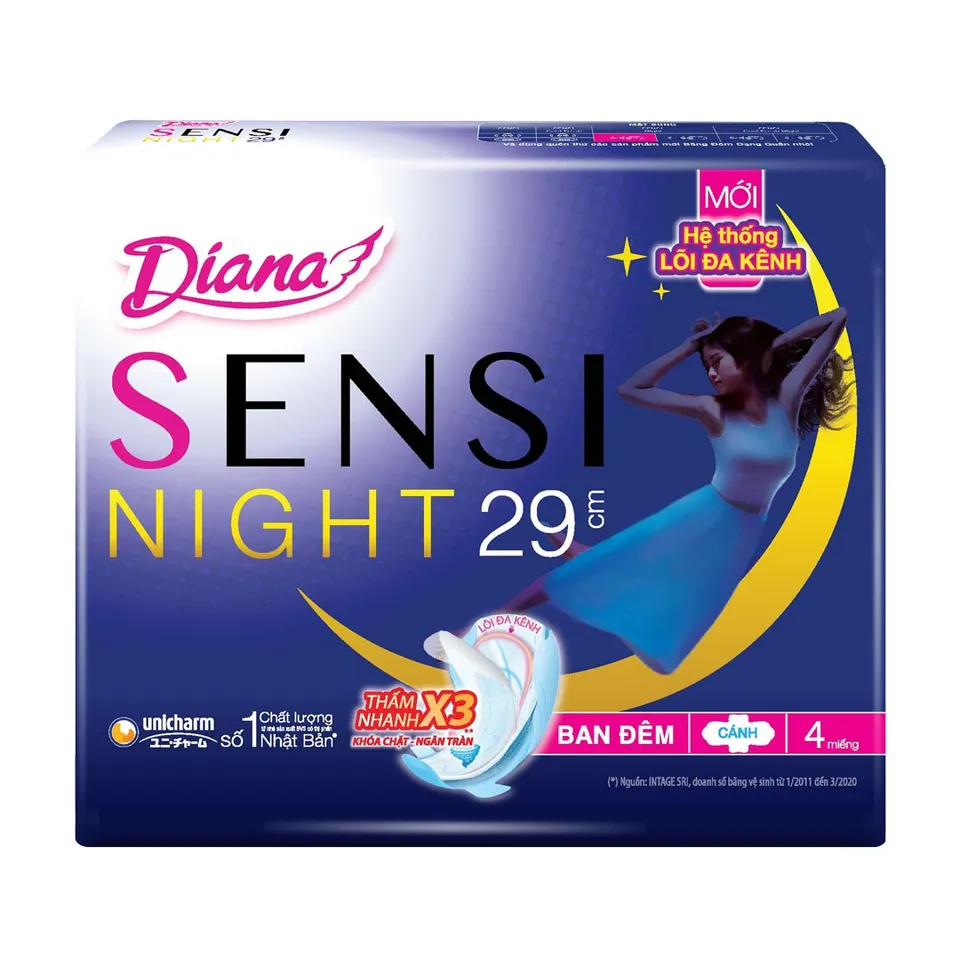 Băng vệ sinh ban đêm Diana Sensi Night lõi thấm đa kênh, 4 miếng, 29cm