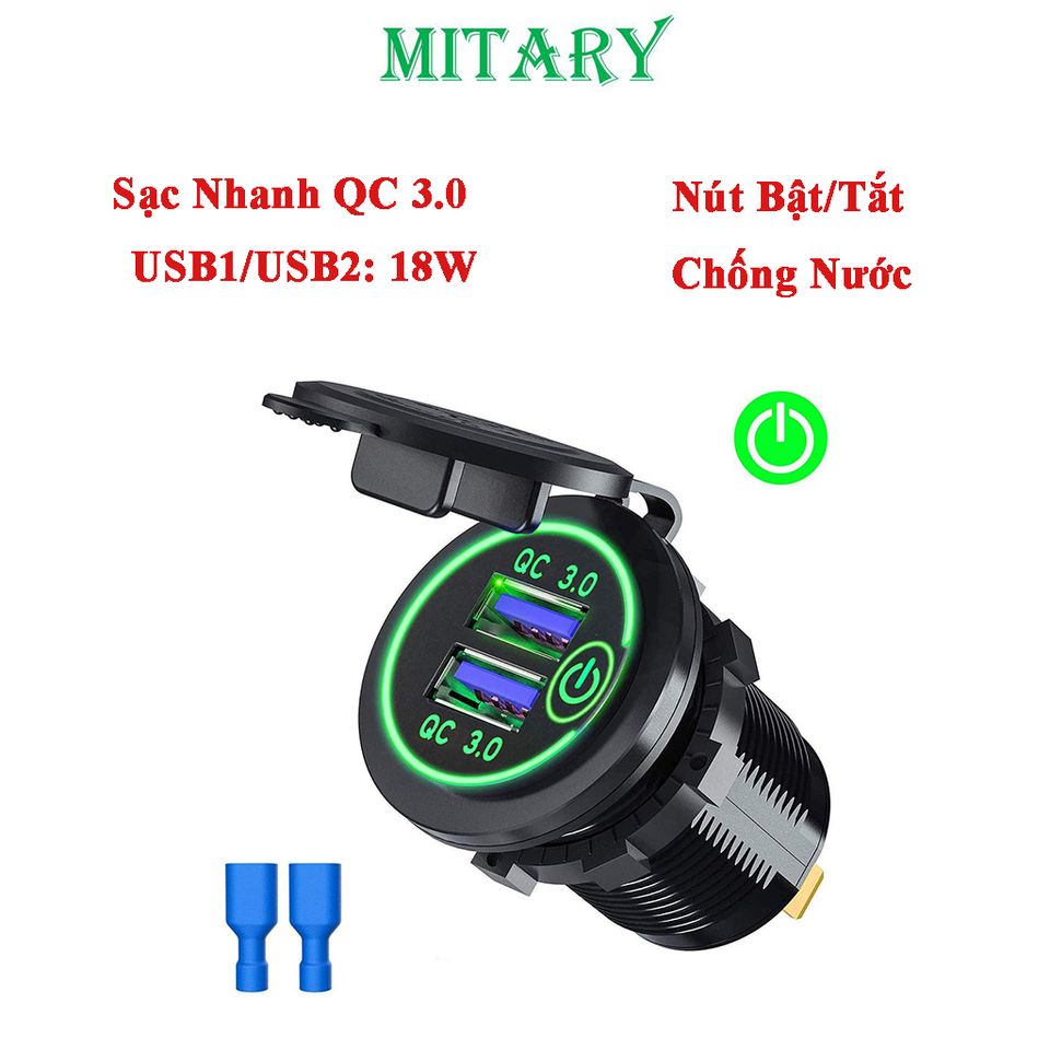 Tẩu sạc nhanh 2 cổng USB QC3.0 36W cho xe máy & ô tô - Có nút nhấn, đèn LED báo, chống bụi chống nước
