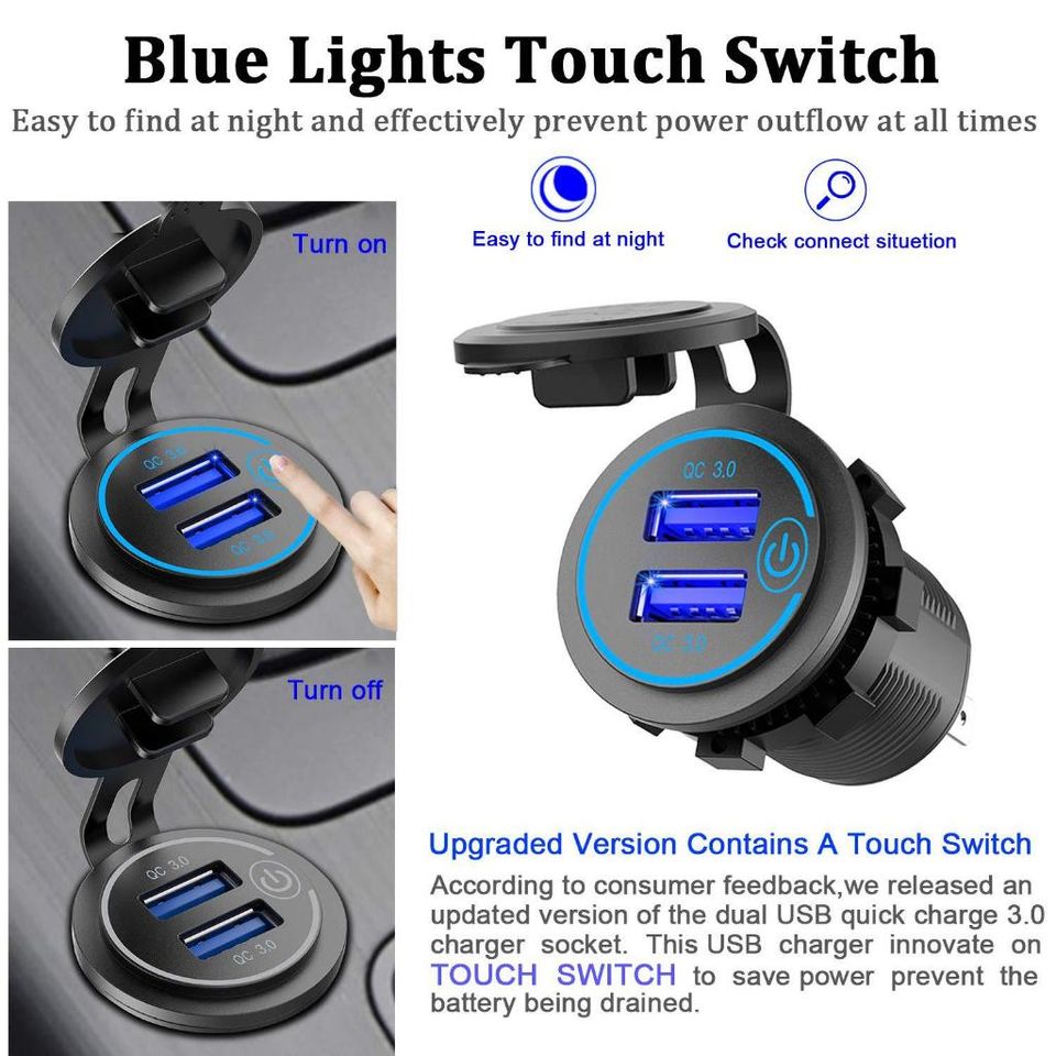 Tẩu sạc nhanh 2 cổng USB QC3.0 36W cho xe máy & ô tô - Có nút nhấn, đèn LED báo, chống bụi chống nước