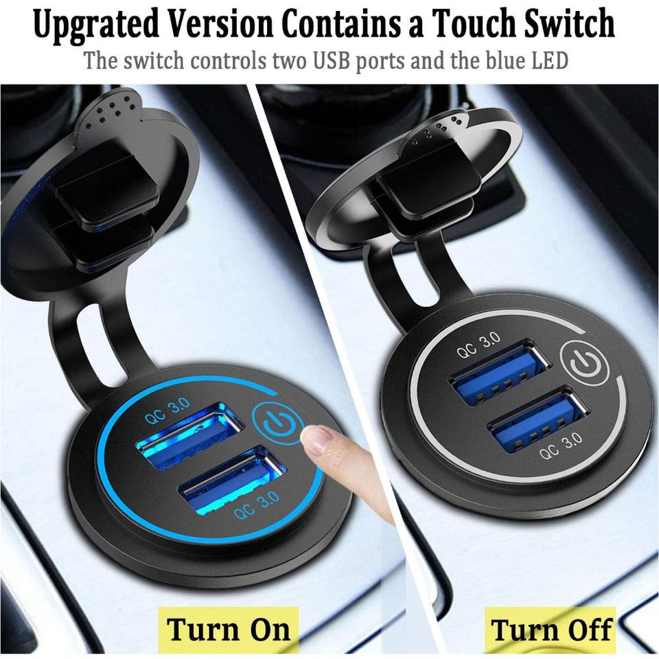 Tẩu sạc nhanh 2 cổng USB QC3.0 36W cho xe máy & ô tô - Có nút nhấn, đèn LED báo, chống bụi chống nước