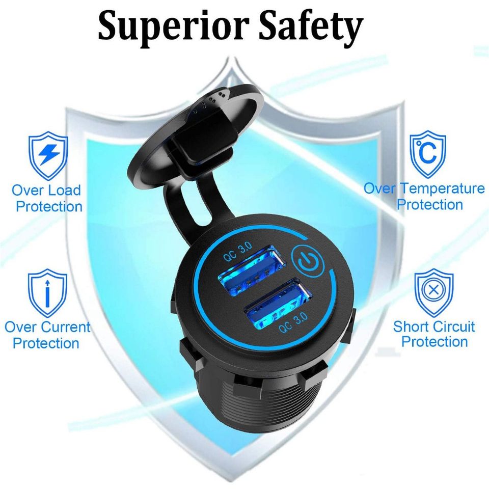 Tẩu sạc nhanh 2 cổng USB QC3.0 36W cho xe máy & ô tô - Có nút nhấn, đèn LED báo, chống bụi chống nước
