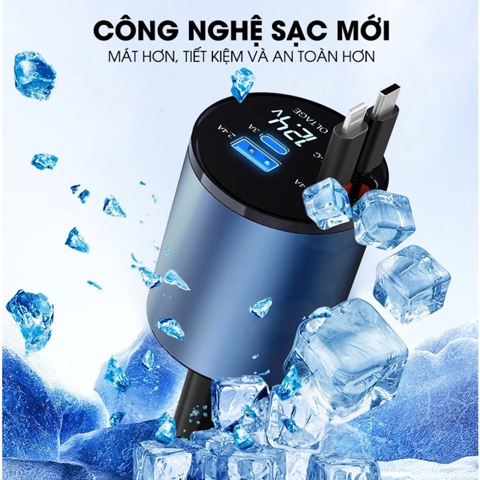 Tẩu Sạc Nhanh Ô Tô 120W 4 Trong 1 - Sạc Nhanh Điện Thoại Samsung, iPhone - Thiết Kế Gấp Gọn, Chất Liệu ABS + PC