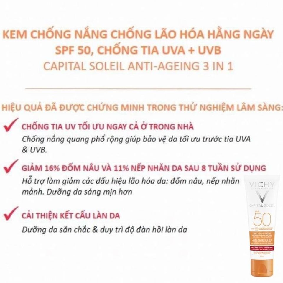 Kem Chống Nắng Ngăn Ngừa Lão Hoá Vichy SPF50+ - Dưỡng Ẩm, Chống Tia UV, 50ml - Sản Phẩm Chăm Sóc Da Bất Liệu Thiếu