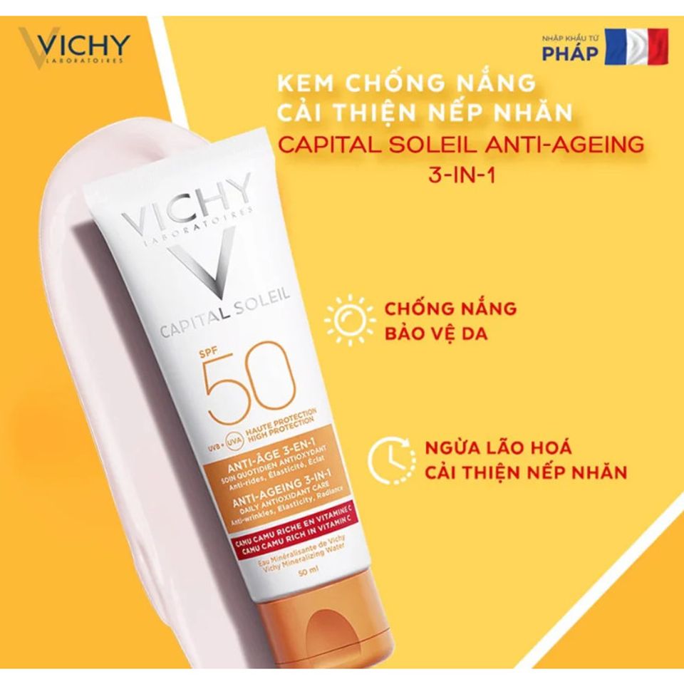 Kem Chống Nắng Ngăn Ngừa Lão Hoá Vichy SPF50+ - Dưỡng Ẩm, Chống Tia UV, 50ml - Sản Phẩm Chăm Sóc Da Bất Liệu Thiếu