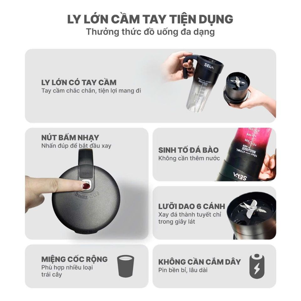 Máy Xay Sinh Tố Cầm Tay Seka NT889 - Công Suất 150W, Dung Tích 470ml, Thiết Kế Tiện Dụng, An Toàn, Phù Hợp Cho Công Sở, Du Lịch
