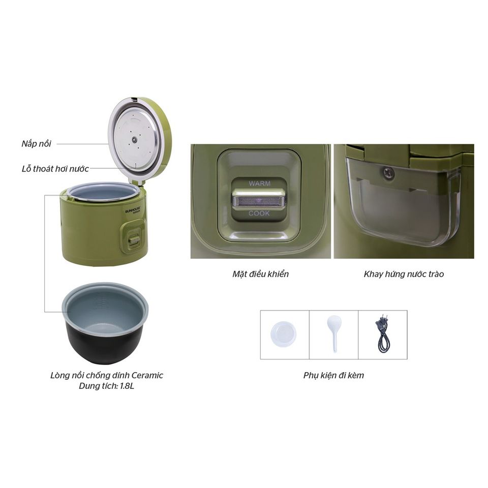 Nồi cơm điện SUNHOUSE MAMA 1.8L SHD8665G - Nấu cơm ngon, giữ ấm, thiết kế hiện đại, phù hợp cho 4-6 người dùng