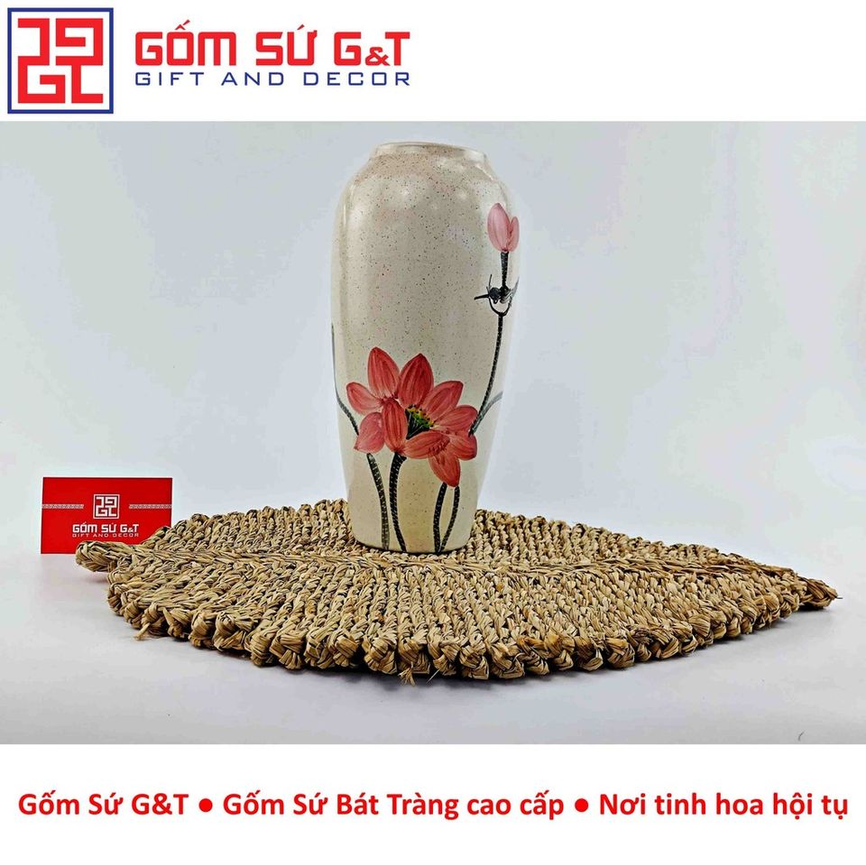Lọ Hoa Gốm Sứ Trang Trí Dáng Bom Men Cát Vẽ Sen - Vật Phẩm Phong Thủy Tinh Tế cho Nội Thất