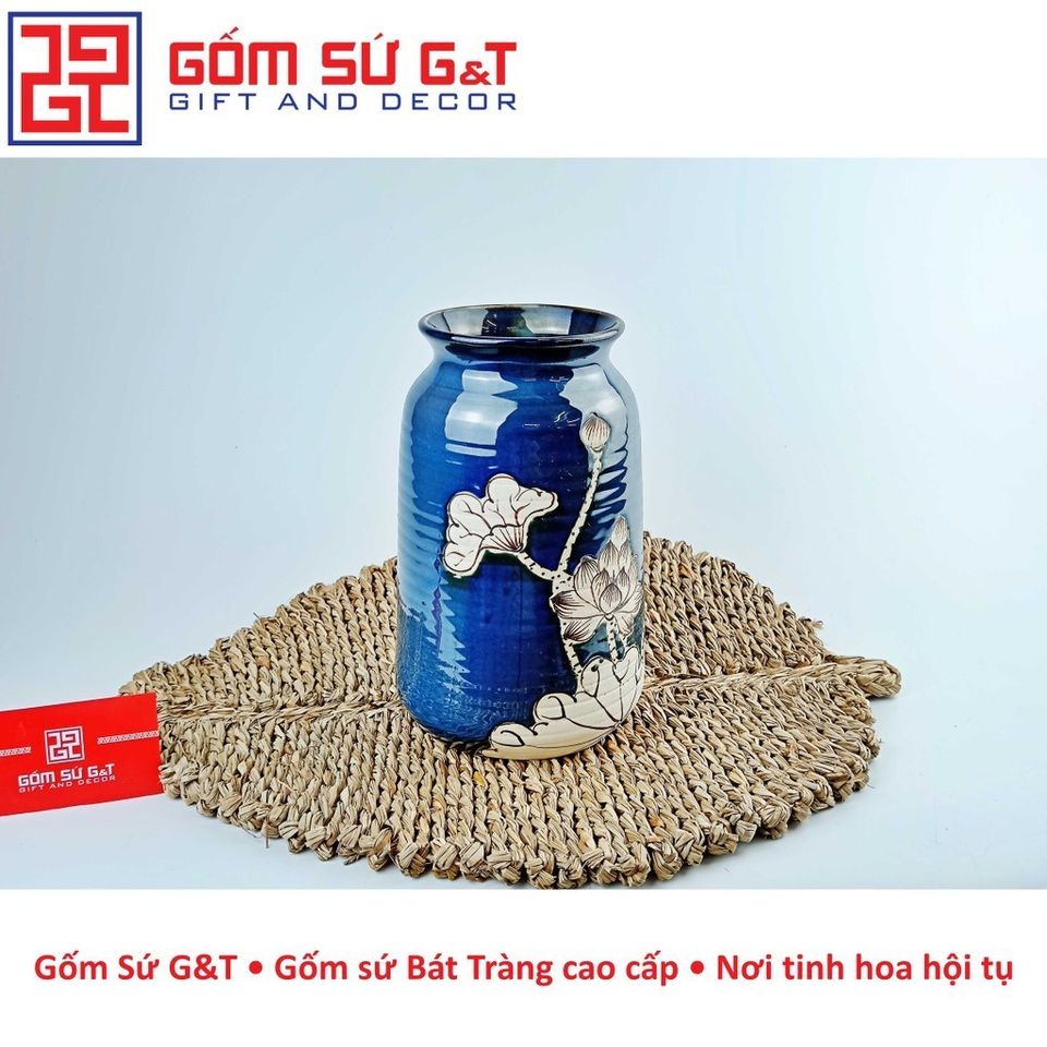Lọ Hoa Gốm Sứ Trang Trí Phích Miệng Rộng Vẽ Sen Nổi - Quà Tặng Phong Thủy Đẹp Mắt