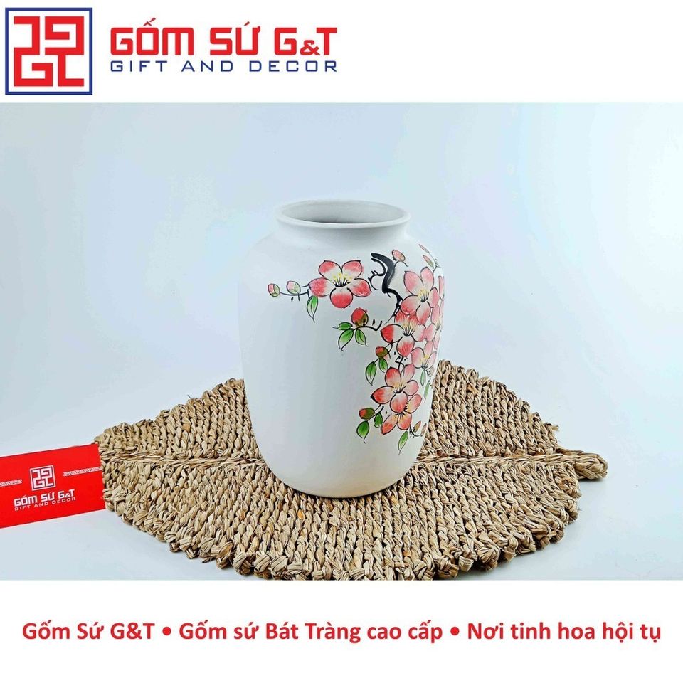 Lọ Hoa Đèn Lồng Gốm Sứ Vẽ Đào Hồng - Trang Trí Nhà Cửa Sang Trọng và Độc Đáo