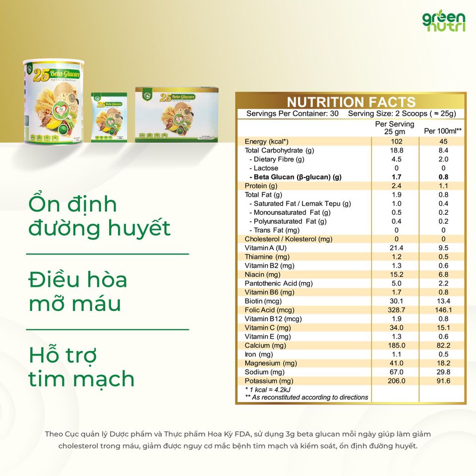 Sữa Hạt Ngũ Cốc Green Nutri 25 Beta Glucare 750g - Hỗ Trợ Ổn Định Đường Huyết & Tốt Cho Tim Mạch, Sản Phẩm Nhập Khẩu Malaysia
