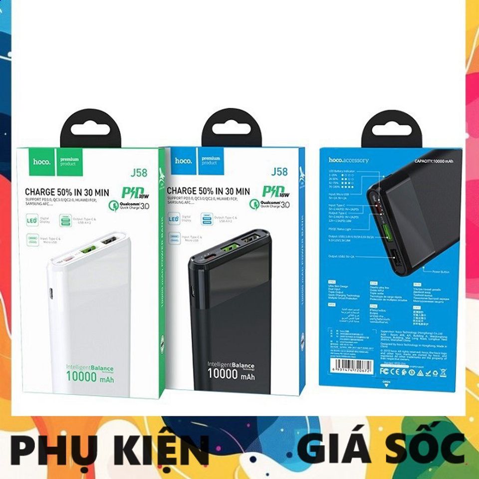 Pin Sạc Dự Phòng HOCO J58 10000mAh - Sạc Nhanh PD QC 3.0 18W, Dung Lượng Cao, Đèn LED Hiển Thị Năng Lượng, Chính Hãng