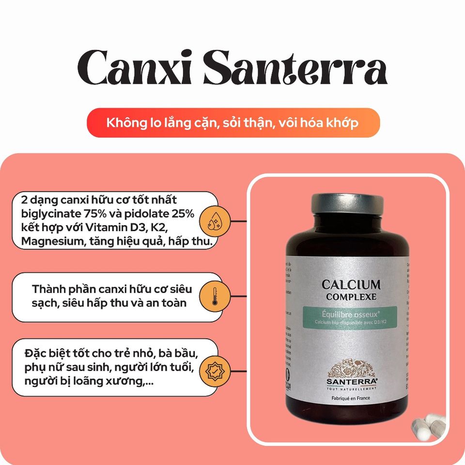 Viên Canxi Complexe Santerra Pháp - Hỗ Trợ Chắc Khỏe Xương Cho Người Lớn Và Trẻ Em - 120 Viên Hữu Cơ Cao Cấp