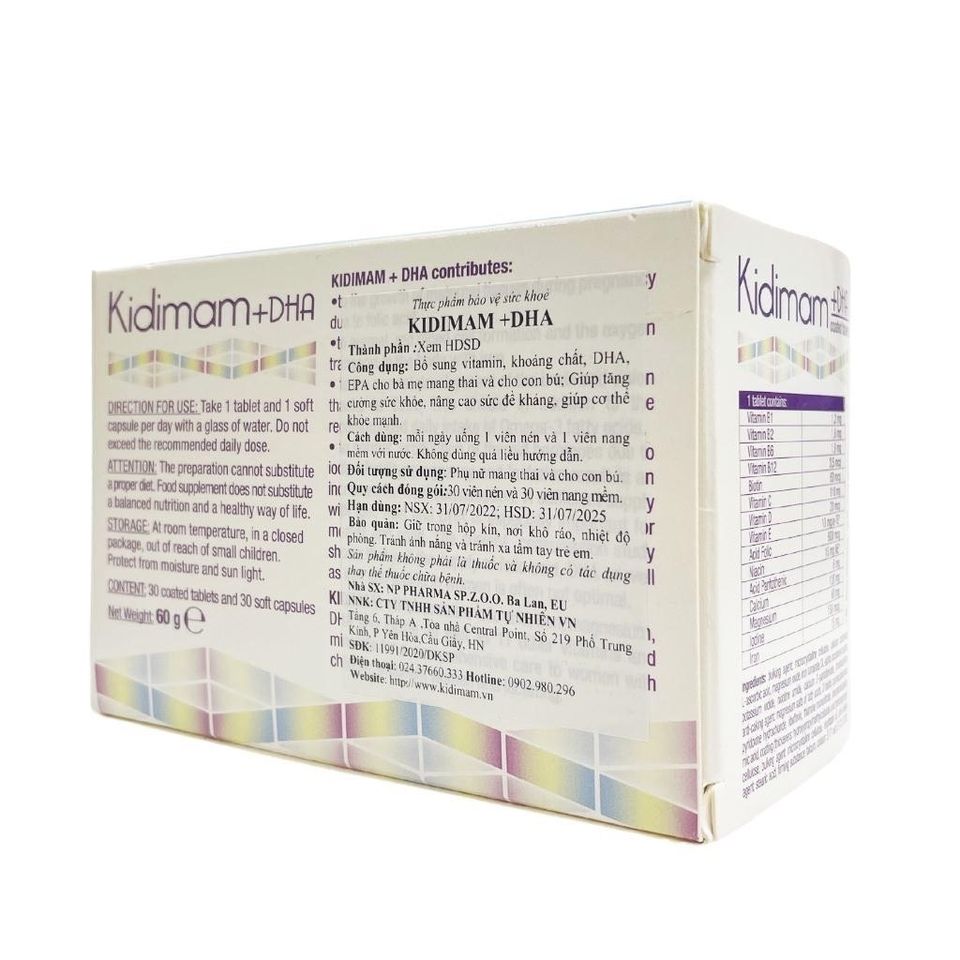 Vitamin Tổng Hợp Kidimam + DHA cho Bà Bầu - Bổ Sung Dinh Dưỡng Toàn Diện - Hộp 60 Viên Giúp Tăng Cường Sức Khỏe Mẹ và Bé