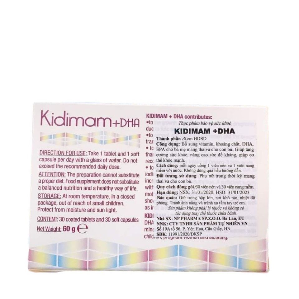 Vitamin Tổng Hợp Kidimam + DHA cho Bà Bầu - Bổ Sung Dinh Dưỡng Toàn Diện - Hộp 60 Viên Giúp Tăng Cường Sức Khỏe Mẹ và Bé