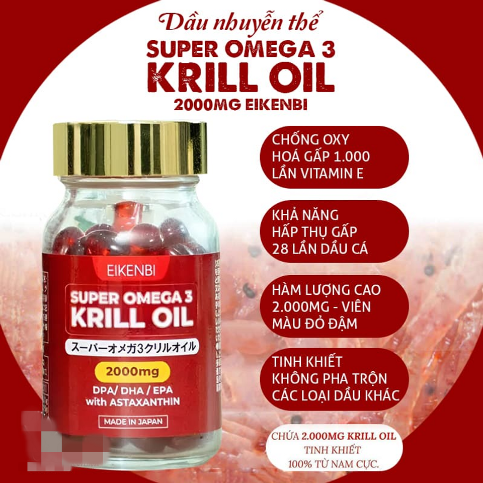 Dầu Nhuyễn Thể Super Omega 3 Krill Oil 2000mg Eikenbi Nhật Bản - 60 Viên Bổ Sung Omega-3 Tăng Cường Sức Khỏe, Chống Oxy Hóa