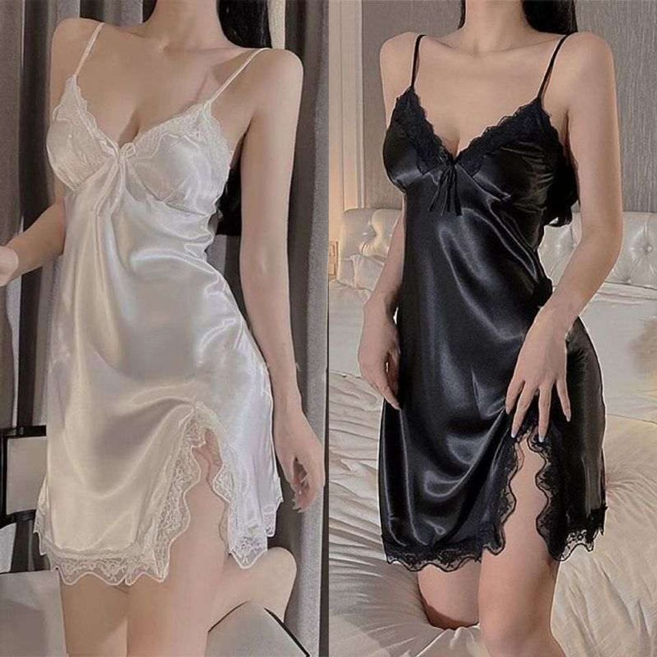 Váy Ngủ Hai Dây Lụa Cao Cấp Phối Ren Sexy Quyến Rũ - Đồ Ngủ Gợi Cảm Cho Nữ, Phong Cách Thời Trang Nhà 2023