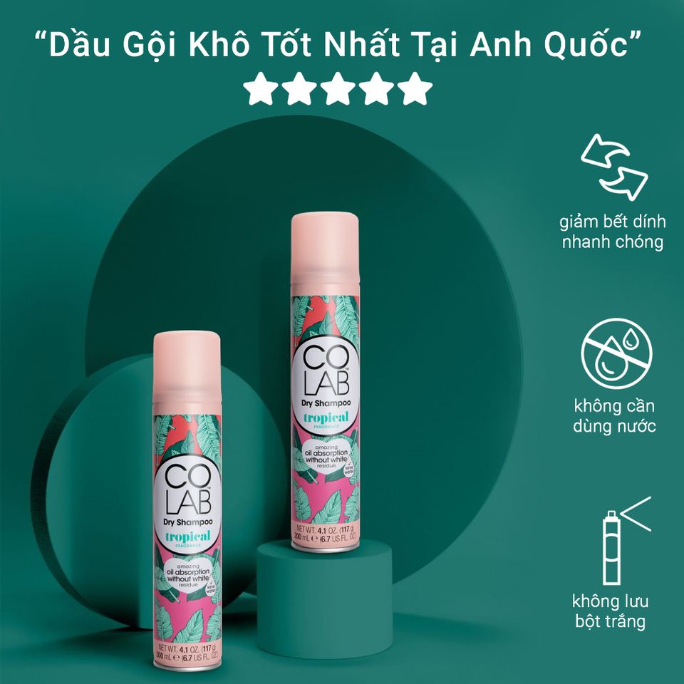 Dầu Gội Khô Colab Tropical 200ml - Dưỡng Tóc Mềm Mượt, Sạch Bồng Bềnh Chỉ Sau 5 Giây, Không Để Lại Vệt Trắng
