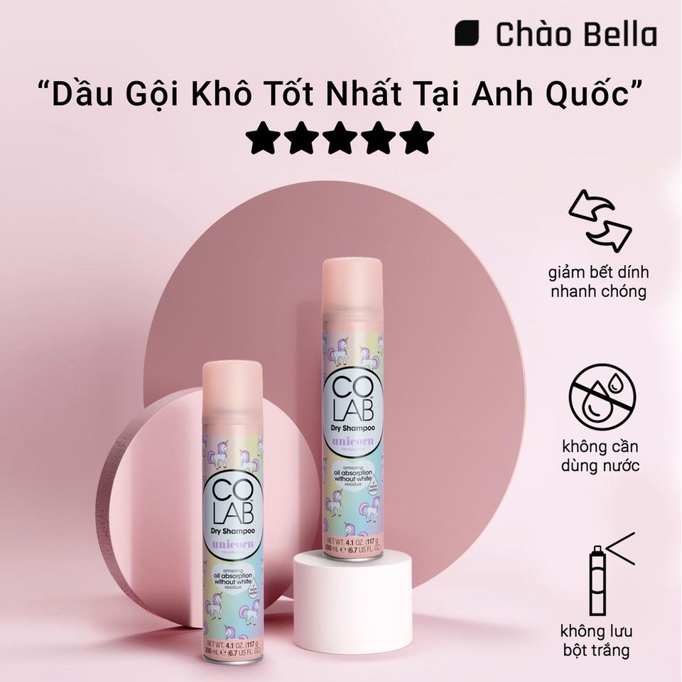 Combo 2 Dầu Gội Khô Colab Hương Unicorn 200ml & Original 50ml - Làm Sạch Tóc Nhanh Chóng, Bồng Bềnh Trong 5 Giây, An Toàn Cho Tóc