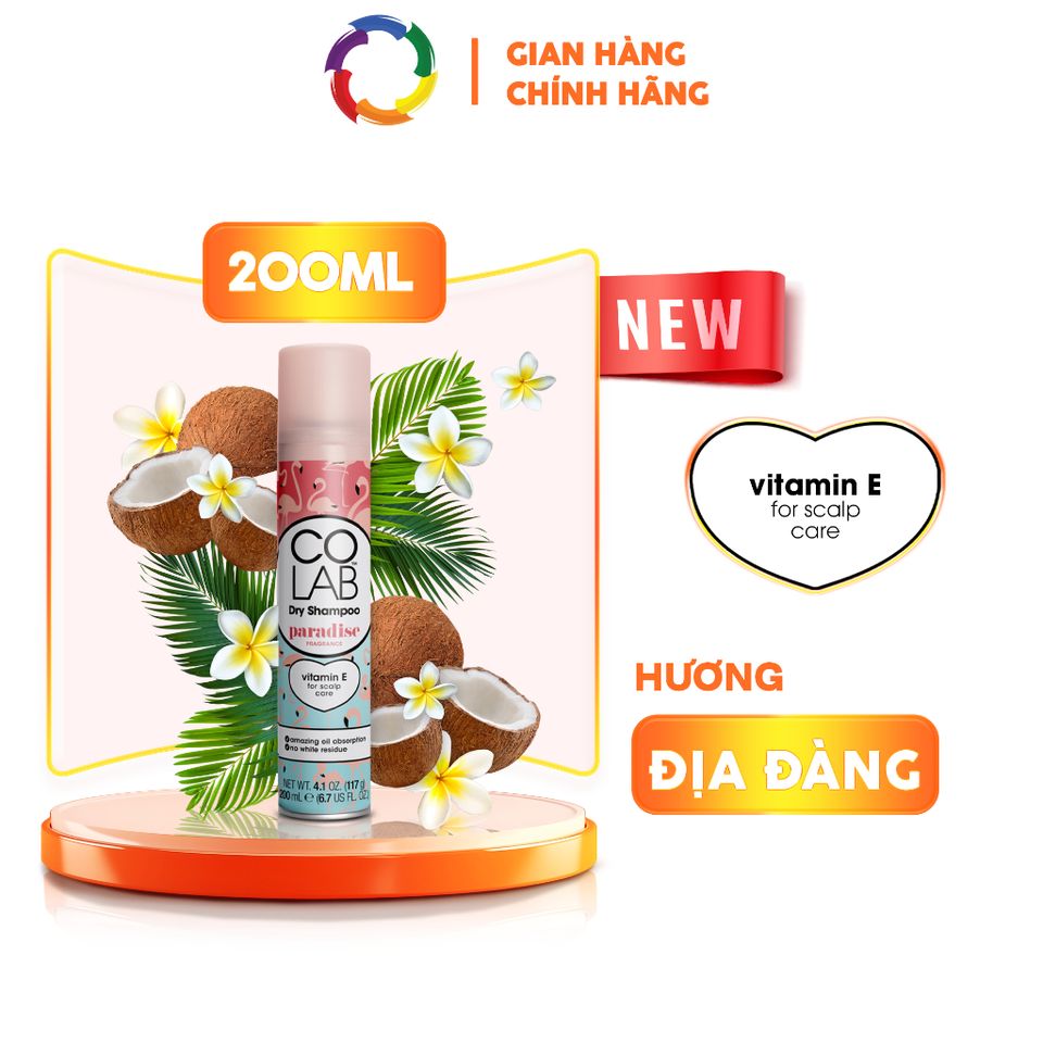 Dầu Gội Khô Colab Paradise 200ml - Tóc Sạch Bồng Bềnh Mềm Mượt Chỉ Sau 5 Giây, Dưỡng Tóc Tự Nhiên, Thân Thiện Cho Tóc Nhuộm