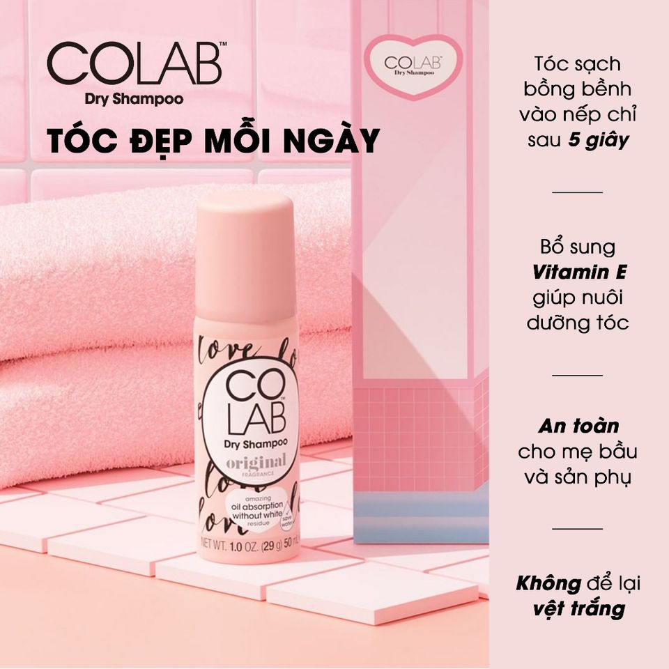 Dầu Gội Khô Colab Mini 50ml - Dầu gội du lịch, làm sạch tóc bồng bềnh chỉ trong 5 giây, không để lại vệt trắng, mùi hương lâu.