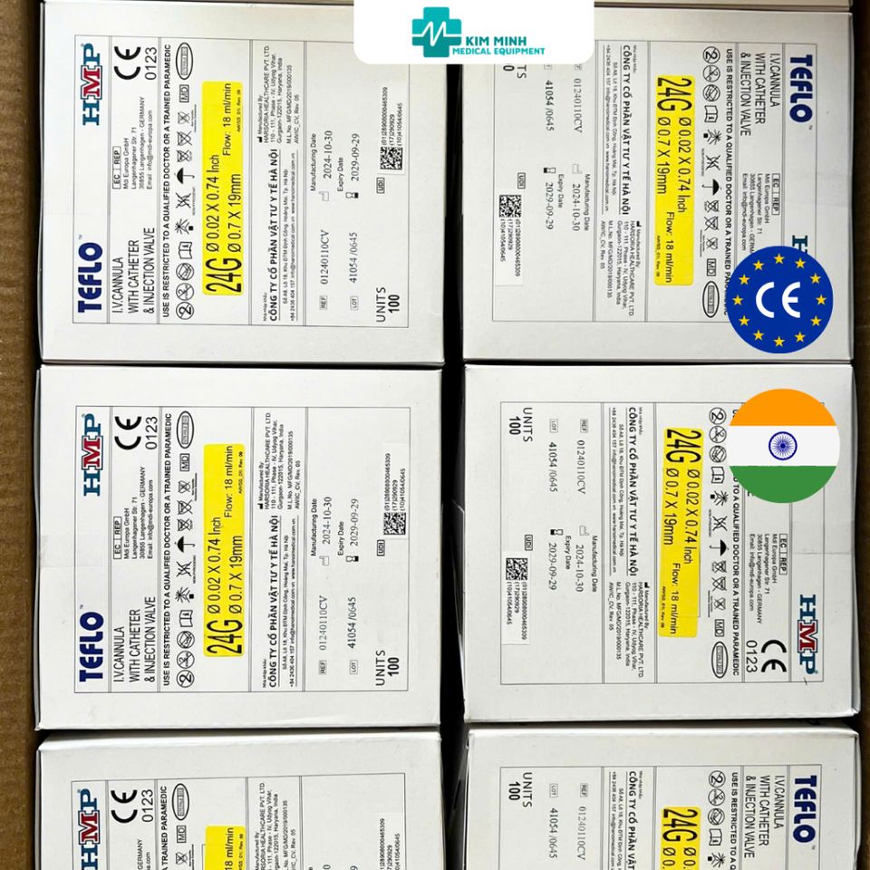 Kim Luồn Tĩnh Mạch 24G Teflo - Dụng Cụ Y Tế Tiệt Trùng, Hạn Chế Vỡ Vein, Lưu Lượng 20ml/phút, Thân Thiện với Môi Trường