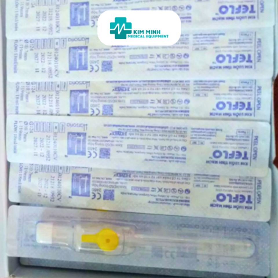 Kim Luồn Tĩnh Mạch 24G Teflo - Dụng Cụ Y Tế Tiệt Trùng, Hạn Chế Vỡ Vein, Lưu Lượng 20ml/phút, Thân Thiện với Môi Trường