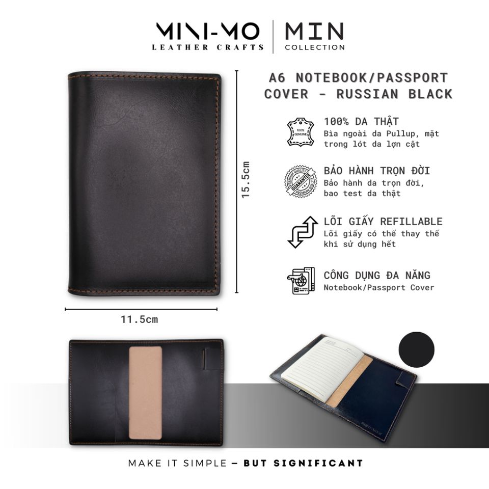 Sổ Tay Ghi Chép MINI-MO Bìa Da Thật A6 - Sản Phẩm Thủ Công Chống Thấm Nước, Bảo Hành Trọn Đời SA6-01